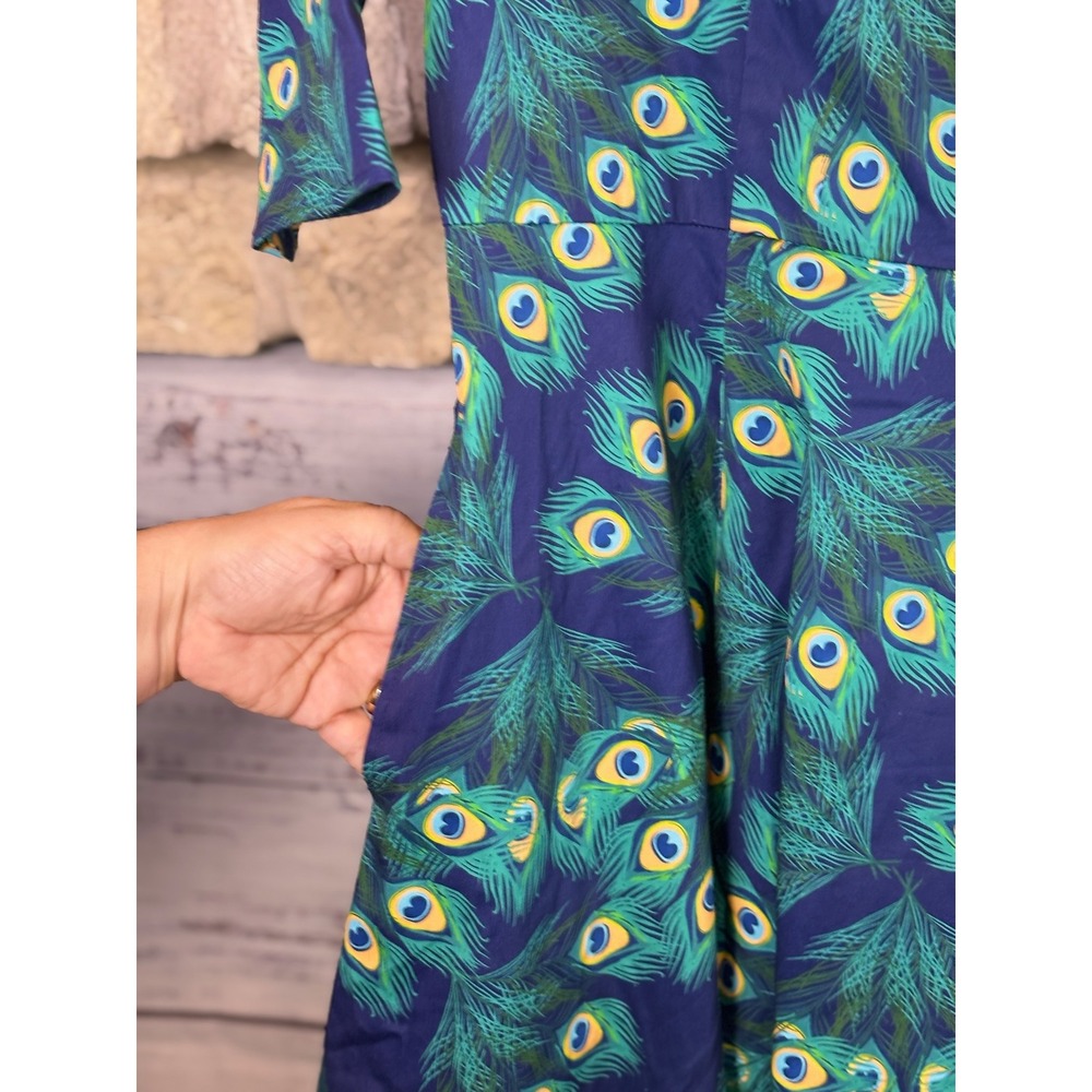 TopVintage Boutique Peacock Feather Print Swing Dress Green Blue 3XL Pockets - Picture 12 of 14